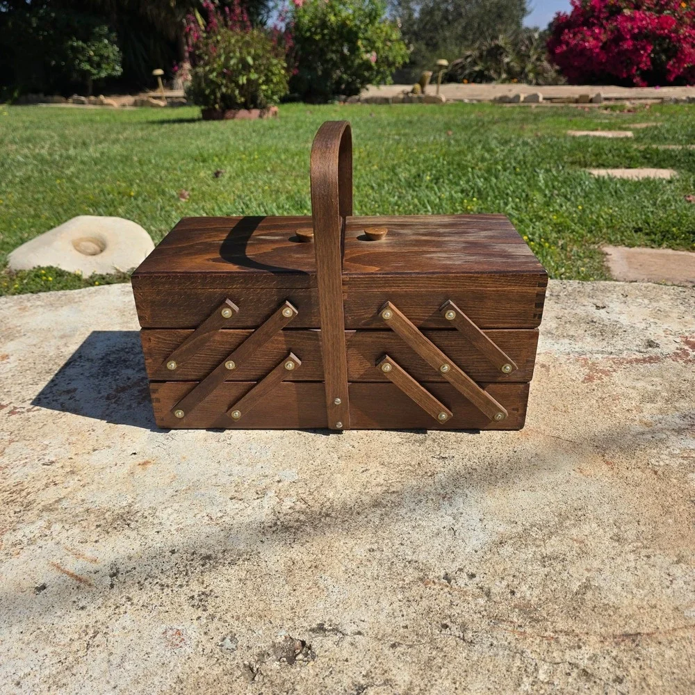 Vintage Wooden Cantilever Sewing Box Accordion 3 Tier Storage Organizer Handle